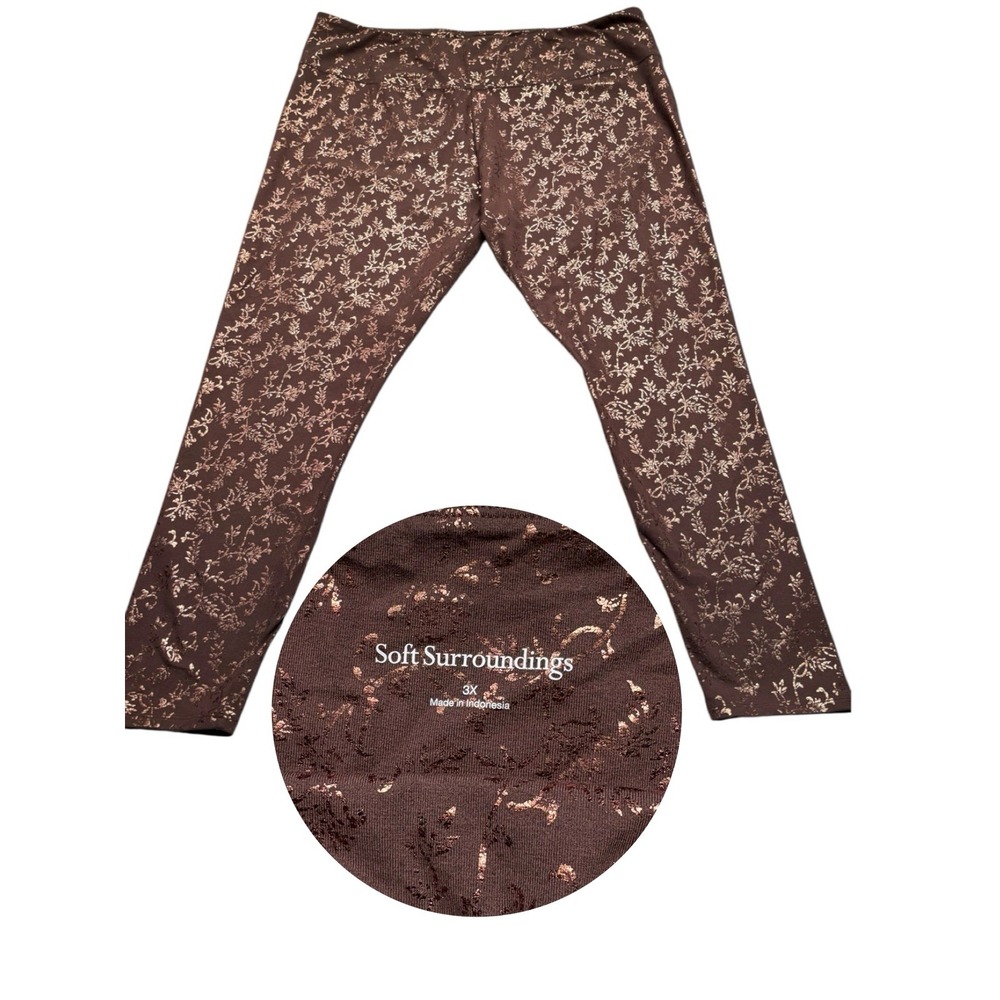 Soft Surroundings 3X Brown Metallic Foil Floral Leggings Stretch High Waist